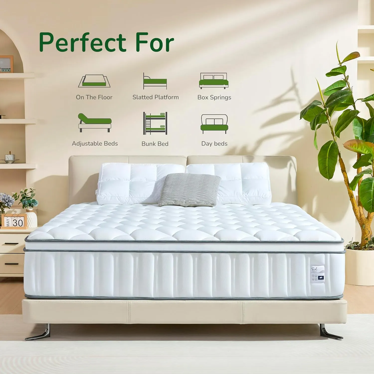 12 Inch King Size Hybrid Mattress with Cooling Gel and Individual Pocket Springs for Motion Isolation & Edge Support, Medium Firmness for Pressure Relief