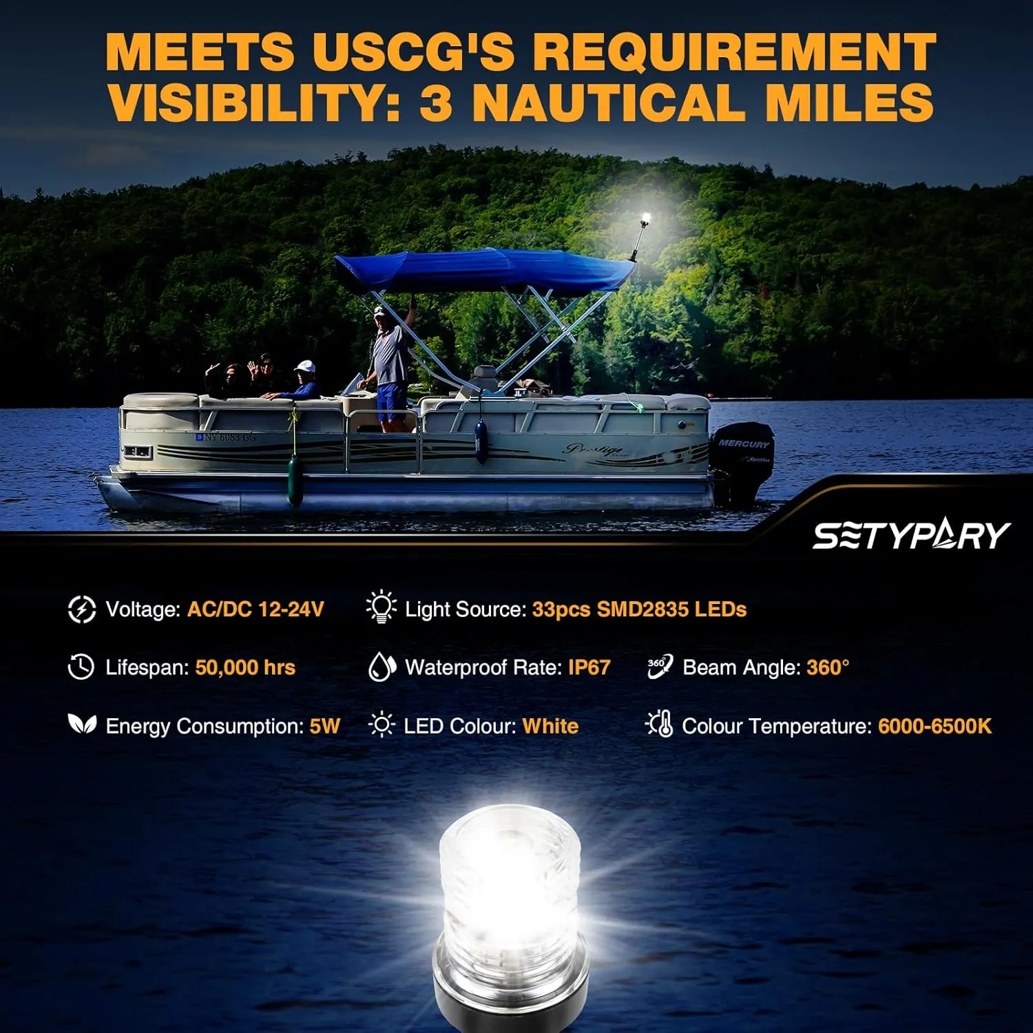 12 Inches Stern Light Boat Anchor Light LED, Marine Navigation Lgihts Waterproof IP67, 3 Nautical Mile Visibility White Fold Down Boat Lights for Pontoon, Jon Boats, Small Boats (12~24V)