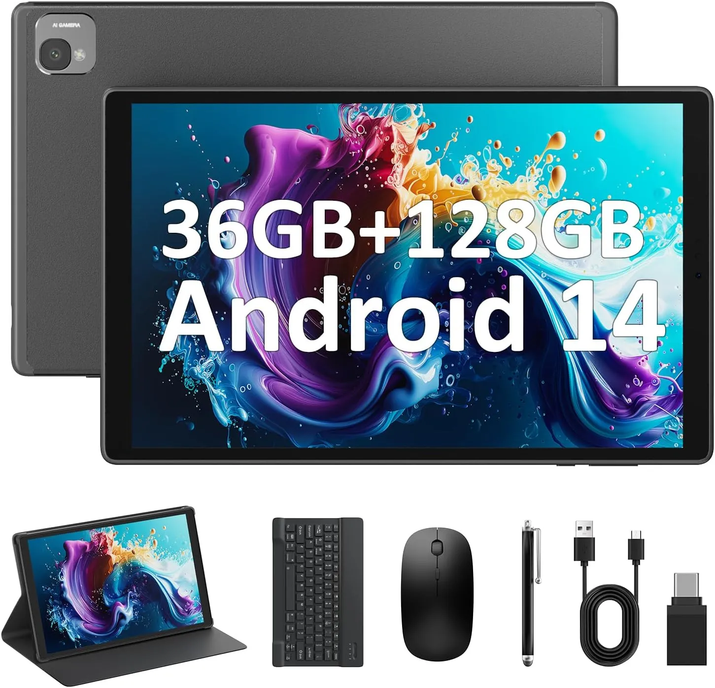 2025 Latest Android 14 Tablets,10.1 Inch Tablet with 36GB RAM 128GB ROM Expand 1TB, 8000mAh Battery, 8 13MP Camera, IPS LCD Screen, Support 5G WiFi/BT5.0/GPS, 2 In 1 Android Tablet with Keyboard Gray