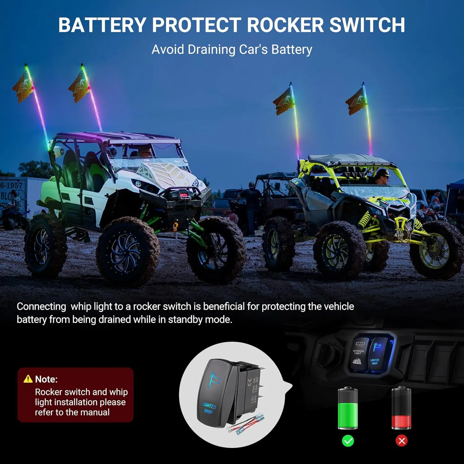2PCS 3FT Whip Lights for UTV ATV with Spring Base, Tripled Brighter Led Whip Light W/Rocker Switch & 6 Flags, Spiral Chasing Lighted Antenna Whip with APP & Remote Control for RZR SXS Can-Am