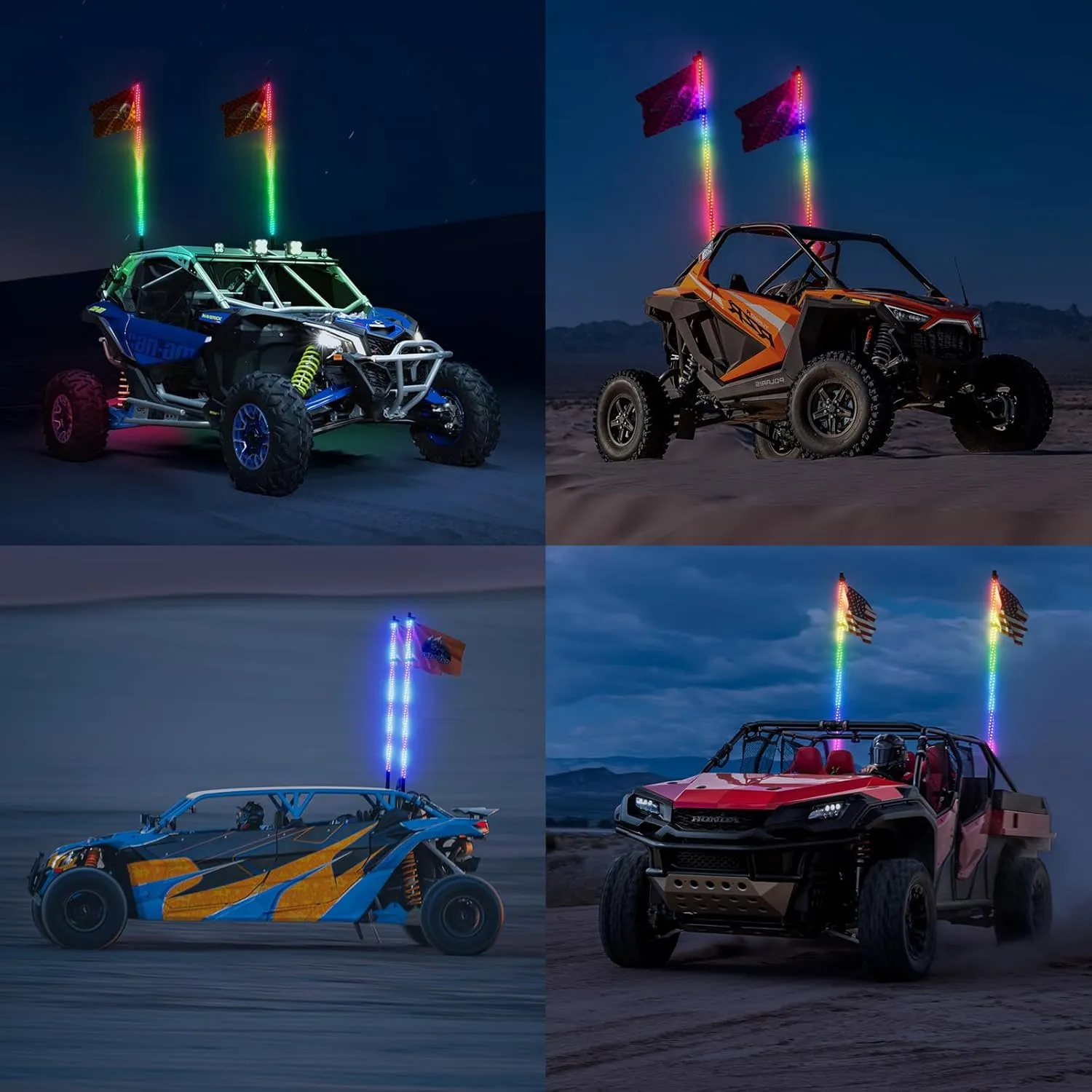2PCS 3FT Whip Lights for UTV ATV with Spring Base, Tripled Brighter Led Whip Light W/Rocker Switch & 6 Flags, Spiral Chasing Lighted Antenna Whip with APP & Remote Control for RZR SXS Can-Am
