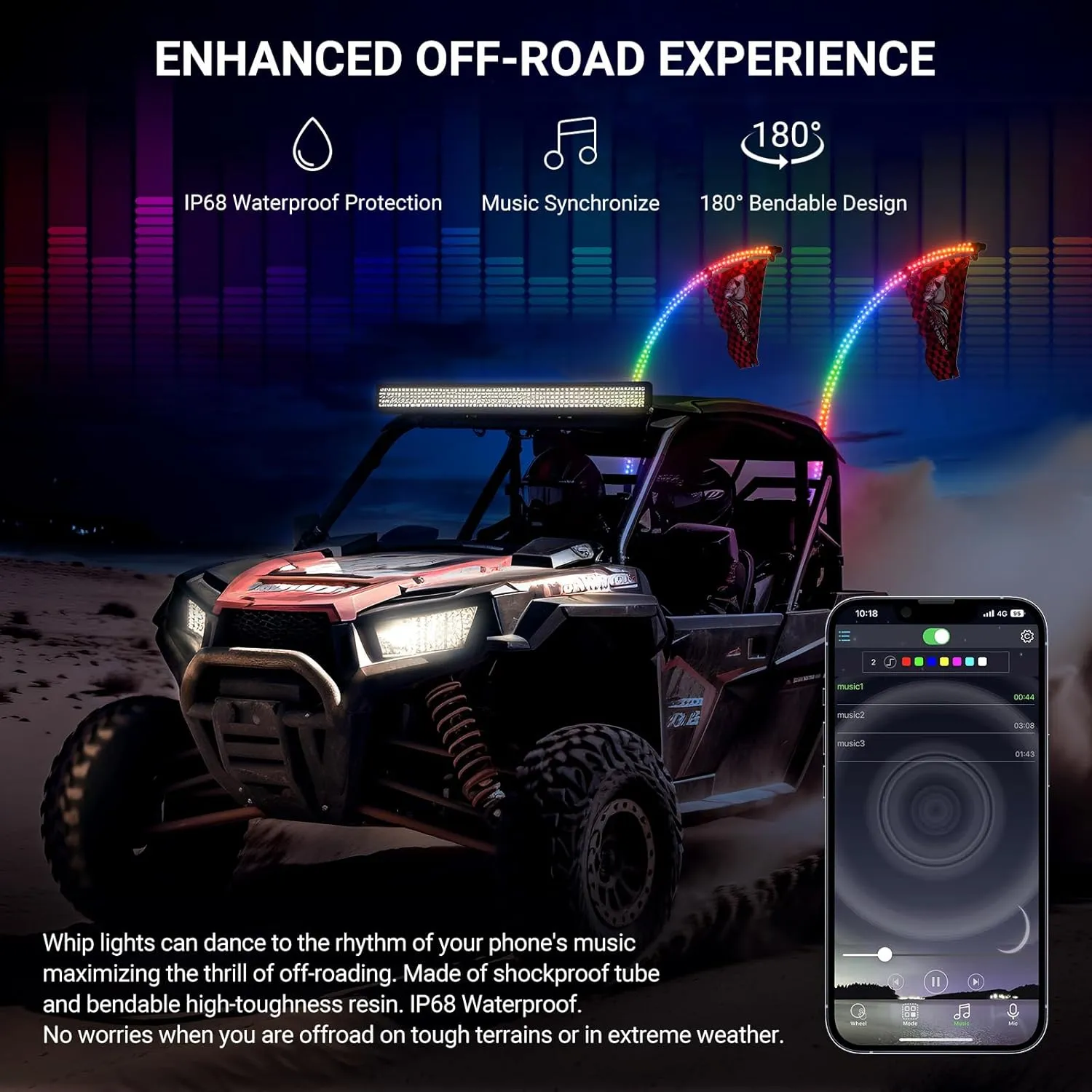 2PCS 3FT Whip Lights for UTV ATV with Spring Base, Tripled Brighter Led Whip Light W/Rocker Switch & 6 Flags, Spiral Chasing Lighted Antenna Whip with APP & Remote Control for RZR SXS Can-Am