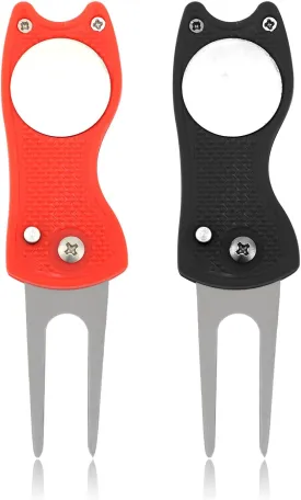 2pcs Golf Divot Repair Tools, Foldable Golf Divot Tool with Magnetic Ball Marker Pop-up Button Metal Golf Putting Fork Golf Divot Tool