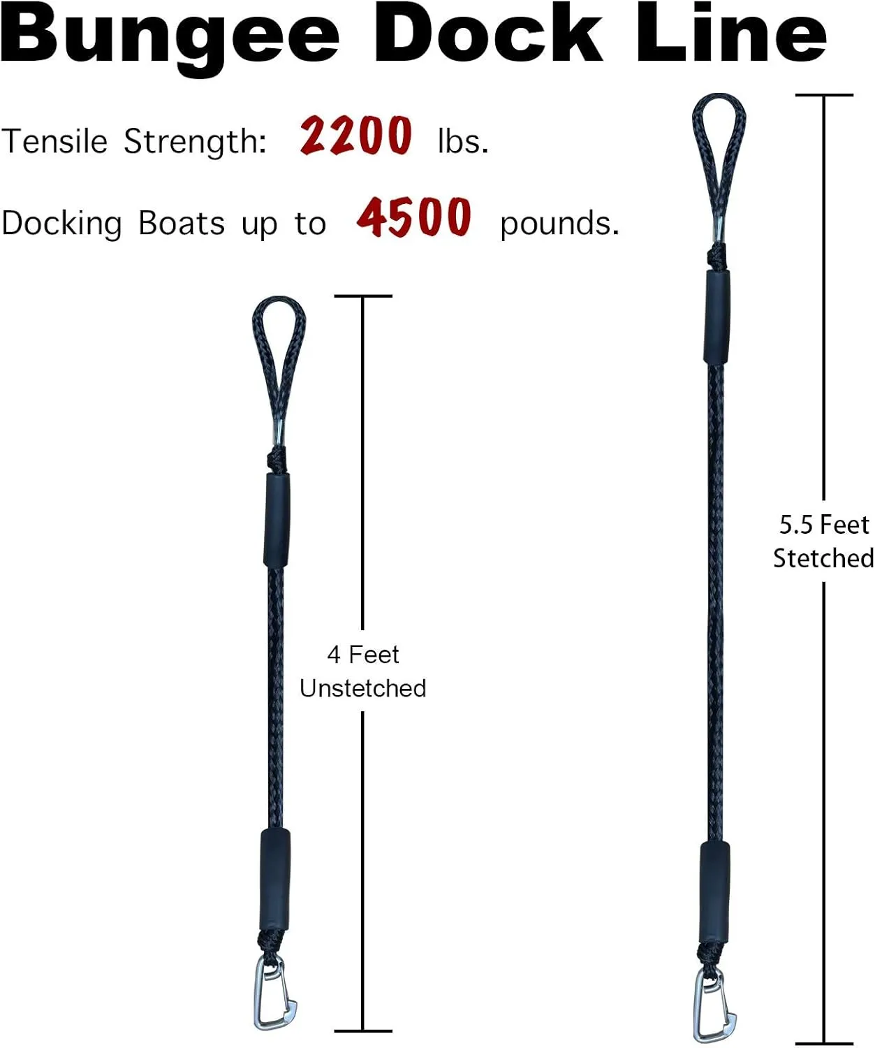 4 Feet Bungee Dock Line Mooring Rope 2-Pack for Docking with Stainless Steel Clip Accessories for Boats PWC, Built in Snubber, Kayak, Watercraft,SeaDoo,Jet Ski, Pontoon, Canoe, Power Boat