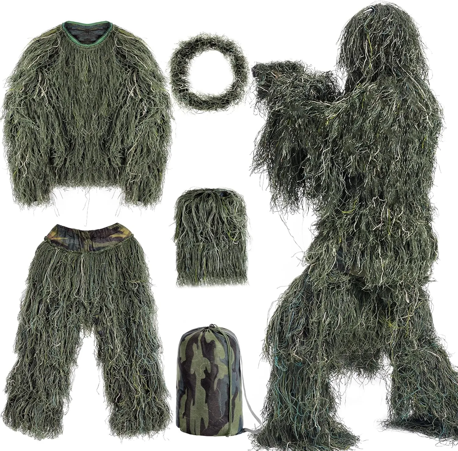 5 in 1 Ghillie Suit,3D Camouflage Hunting Apparel Including Jacket,Pants,Hood,Carry Bag Suitable for Unisex Kids Adults Youth