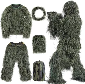 5 in 1 Ghillie Suit,3D Camouflage Hunting Apparel Including Jacket,Pants,Hood,Carry Bag Suitable for Unisex Kids Adults Youth
