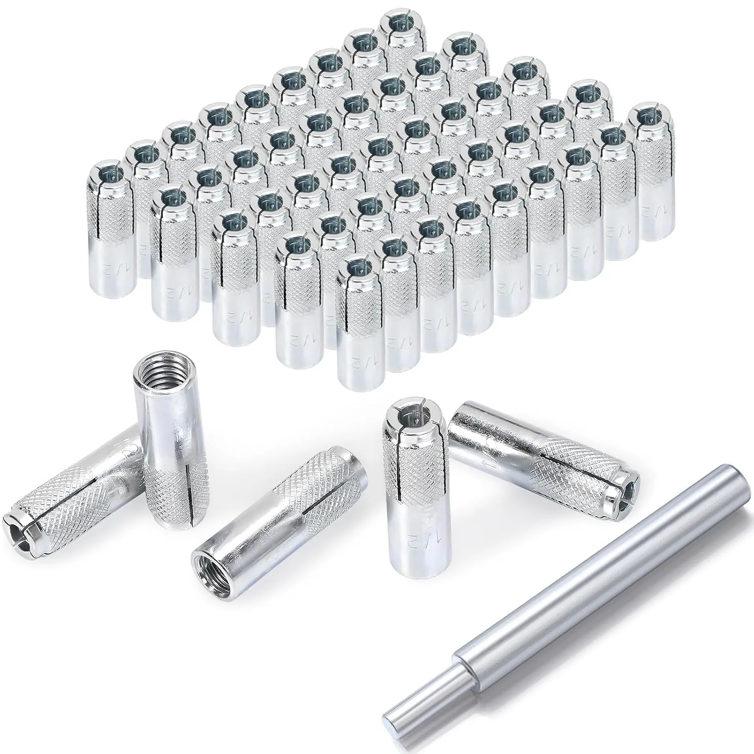 (50pcs) 1/2"-13 Drop-in Anchor,Premium Zinc Plated Knurled Carbon Steel Concrete Drop-in-Anchor Assortment, Internal Forced Expansion Screw Bolts for Solid Concrete
