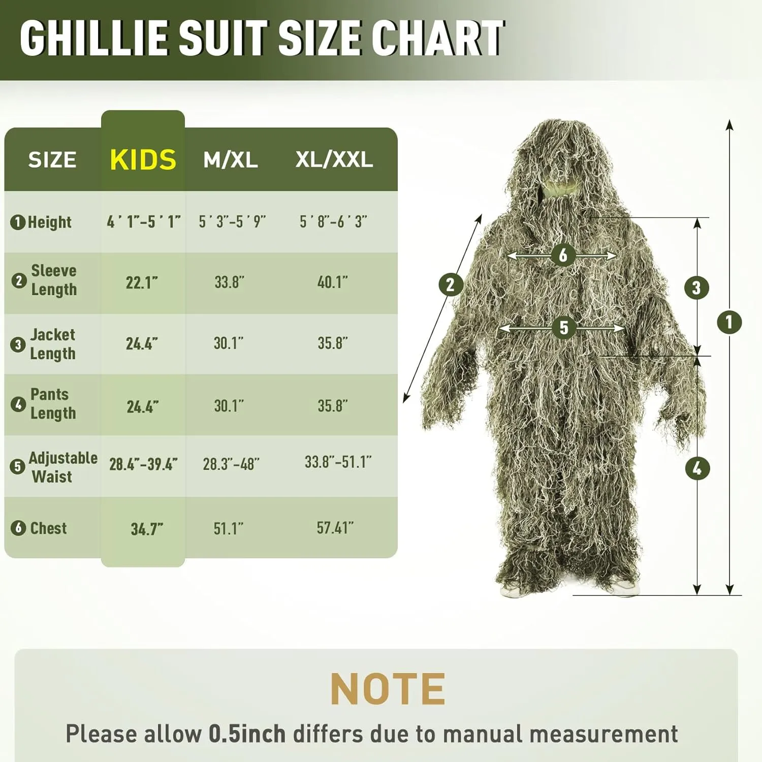 6 in 1 Ghillie Suit, 3D Camouflage Hunting Apparel Including Jacket, Pants, Hood, Carry Bag and Camo Tapes