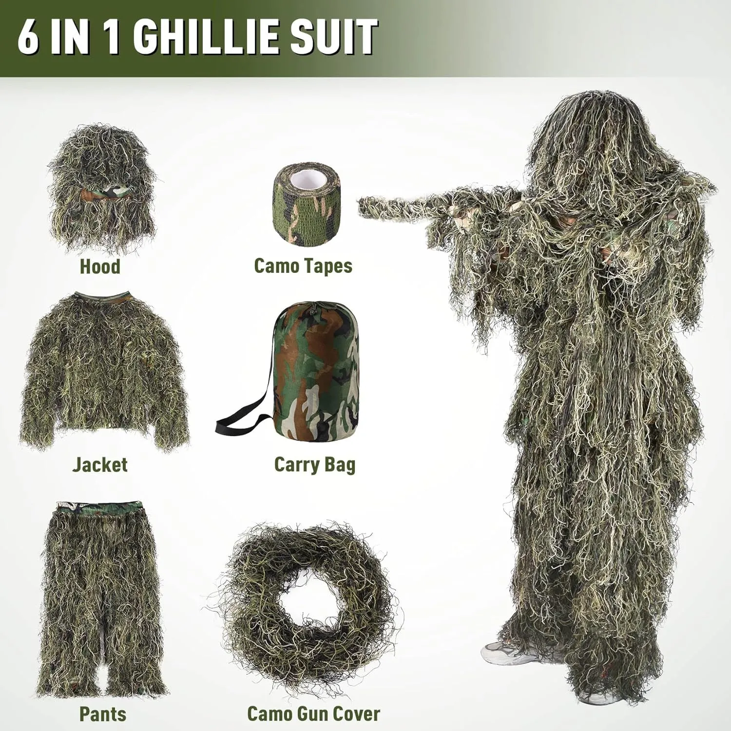 6 in 1 Ghillie Suit, 3D Camouflage Hunting Apparel Including Jacket, Pants, Hood, Carry Bag and Camo Tapes