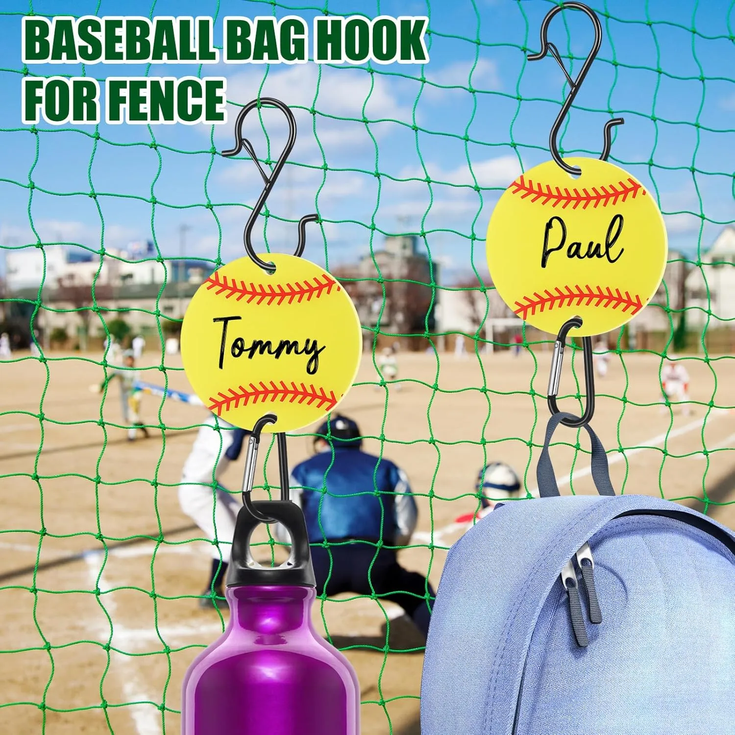6 Pcs Bag Hook for Fence, Sports Fence Hook, Bag Clip for Fence, Metal Backpack Hooks with Acrylic Board, Fence Hooks for Bat Bag Water Bottle Lover Player Gifts (Softball)