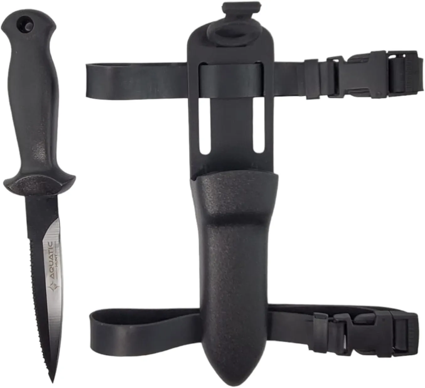 8.5" (216 mm) Dive & Spearfishing Knife  SS304 Serrated Stainless Steel with Black Coating for Easy Cleaning  Lightweight, Rust-Resistant Blade  Includes Adjustable Arm/Leg Holster