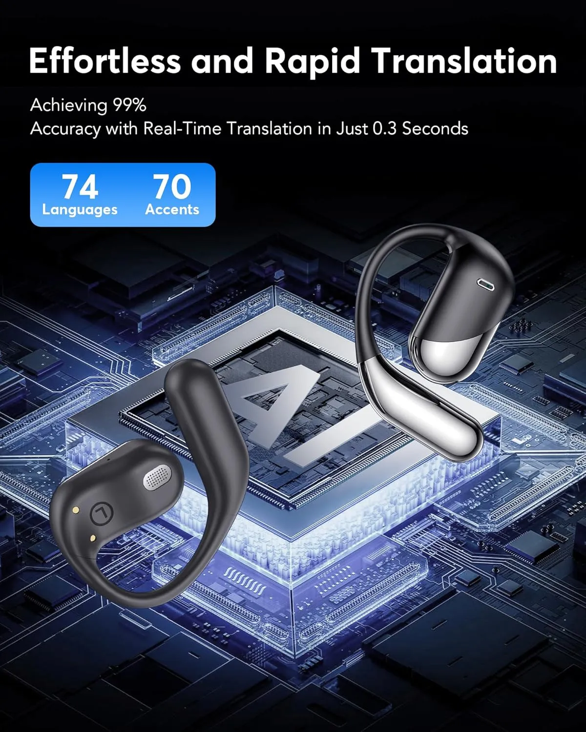 AI Translator Earbuds Real-Time 144 Languages & Accents, 3-in-1 Open Ear Wireless Bluetooth Earbuds with Charging Case, Spanish/English Audfonos Traductores, iOS & Android Compatible