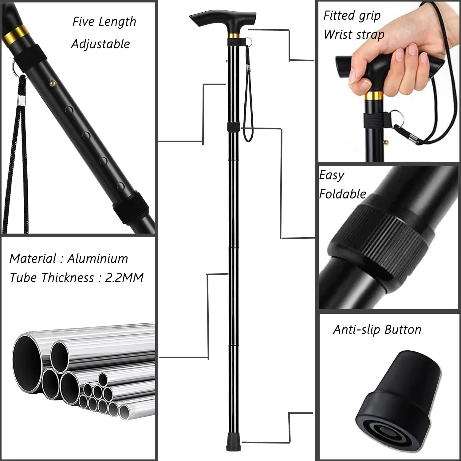Aluminum Alloy Walking Sticks & Foldable Anti-Slip Hiking Stick - Length Adjustable for Elderly