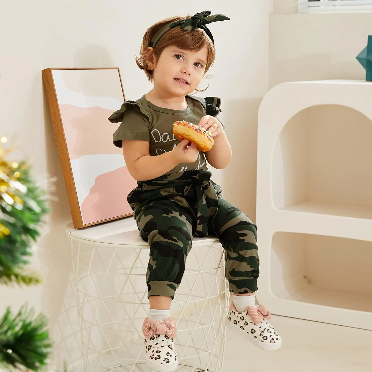 AMAWMW Baby Girl Clothes Set Daddys Little Girl Ruffle Romper Top Camouflage Pants Newborn Infant Baby Girl Outfit