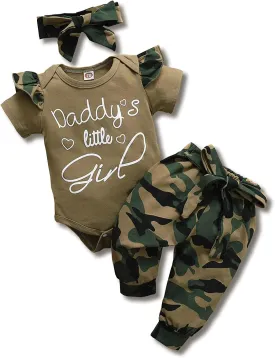 AMAWMW Baby Girl Clothes Set Daddys Little Girl Ruffle Romper Top Camouflage Pants Newborn Infant Baby Girl Outfit