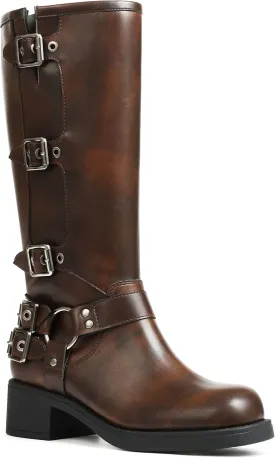 AMINUGAL Knee High Boots Women Square Toe Pull On Wide Calf Riding Fashion Buckles Chunky Metallic Casual Vintage Buckle Rivet