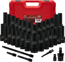 AMM 1/2" Drive Deep Impact Socket Set, 35-Piece Socket set SAE 3/8 to 1-1/4 inch and Metric 10-24mm Size, Includes Extension Bars, Universal Joint and Adapter, 6 Point Design,Cr-V steel