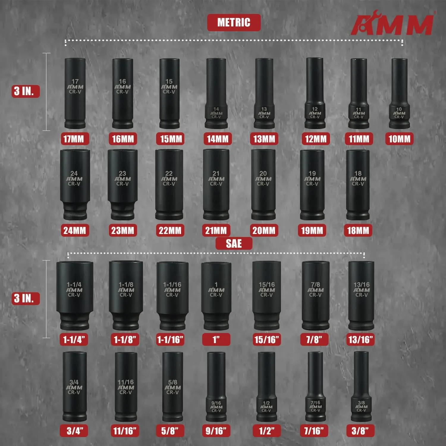 AMM 1/2" Drive Deep Impact Socket Set, 35-Piece Socket set SAE 3/8 to 1-1/4 inch and Metric 10-24mm Size, Includes Extension Bars, Universal Joint and Adapter, 6 Point Design,Cr-V steel