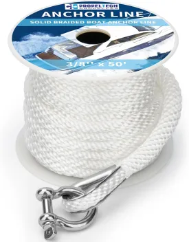 Anchor Rope Braided Anchor Line - White, 3/8" x 50' - Premium Solid Braid MFP Boat Rope with Stainless Steel Thimble & Shackle