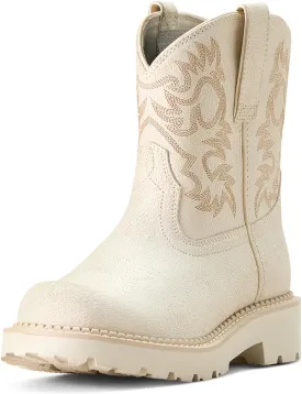 ARIAT Womens Fatbaby Embroidered Round Toe Pull On Casual Boots Ankle Low Heel 1-2" - White