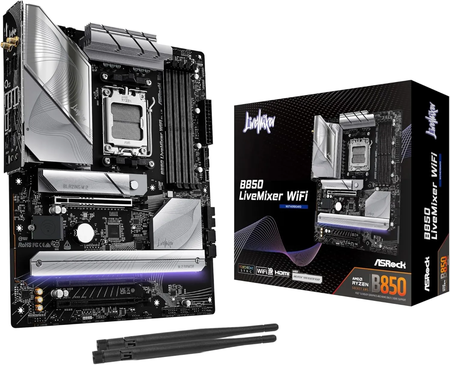 ASRock AMD B850 LiveMixer WiFi 7 Socket AM5 Ryzen 9000/8000/7000 Series DDR5 8000  (OC) MHz 256GB ATX Motherboard M.2 SATA3 6.0 Gb/s PCIe 5.0 BIOS Flashback 1 HDMI 1 DisplayPort