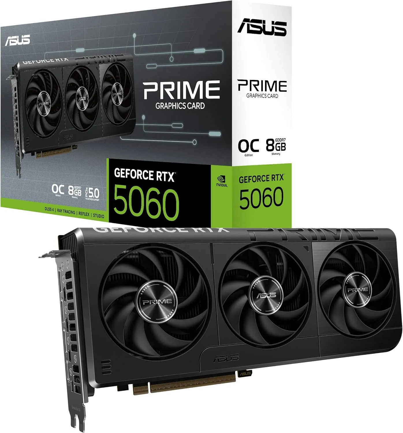 ASUS The SFF-Ready Prime GeForce RTX 5060 8GB GDDR7 OC Edition Graphics Card (PCIe 5.0, 8GB GDDR7, HDMI/DP 2.1, 2.5-Slot, Axial-tech Fans, Dual BIOS)