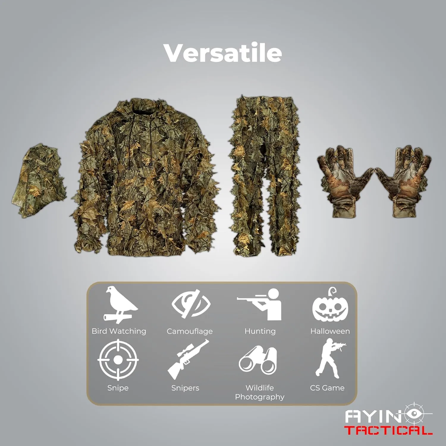 AYIN Ghillie Suit For Men, Hunting Suits 3D Leaf Bush Gillie Suit Camo Turkey Hunting, Hooded Gillies Camo Hunting Suits