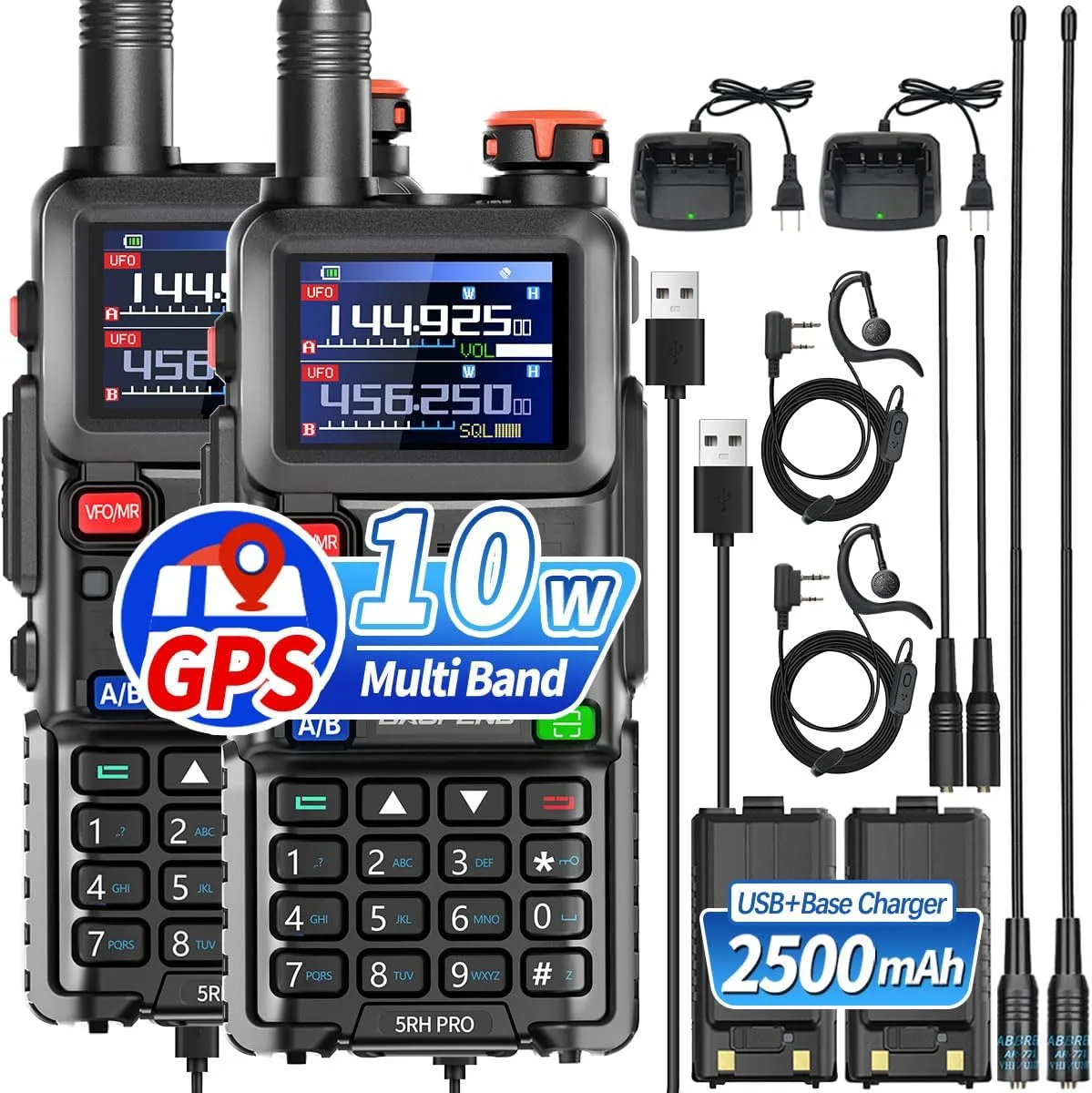 BAOFENG 5RH PRO GPS Ham Radio 10W Long Range Handheld 5RM Two Way Radio NOAA Weather Receiver 2500mAh Battery High Power Rechargeable Walkie Talkies with Type-C Charging,2 Pack