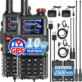 BAOFENG 5RH PRO GPS Ham Radio 10W Long Range Handheld 5RM Two Way Radio NOAA Weather Receiver 2500mAh Battery High Power Rechargeable Walkie Talkies with Type-C Charging,2 Pack