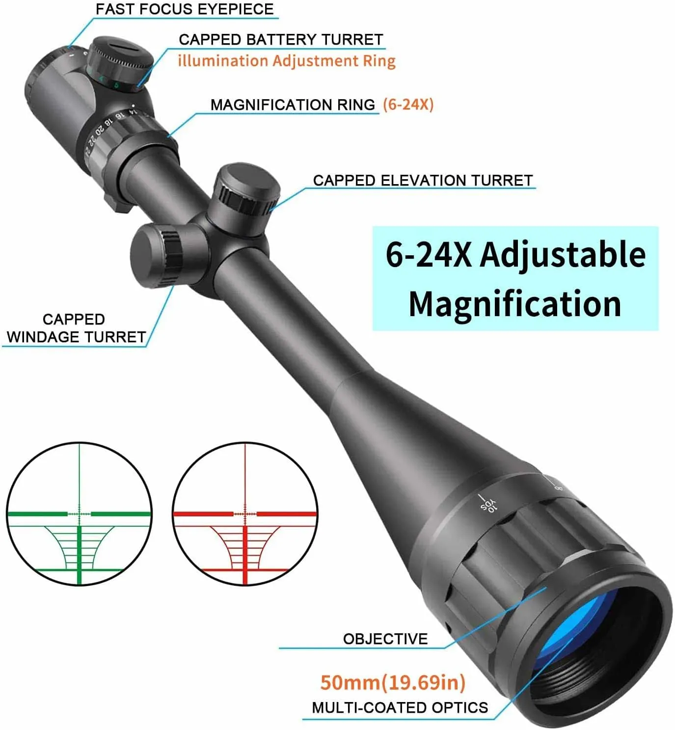 Beileshi 6-24X50 / 4.5-14X50 Optics Hunting Rifle Scope with 20mm Free Mounts