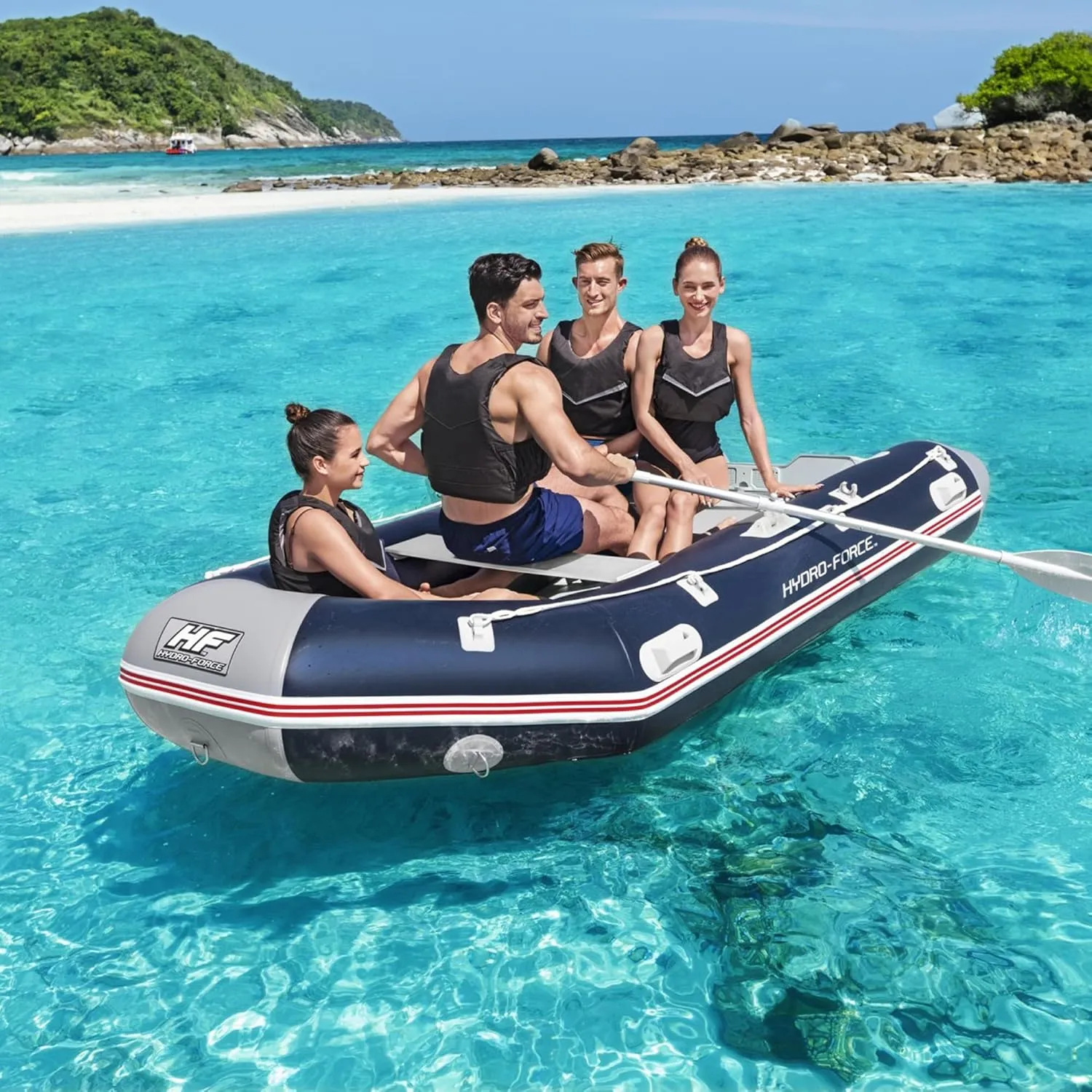Bestway Hydro-Force Pro Inflatable Outdoor Water Lake Raft Boat Set with 2 Aluminum Oars, Hand Pump, Pressure Gauge