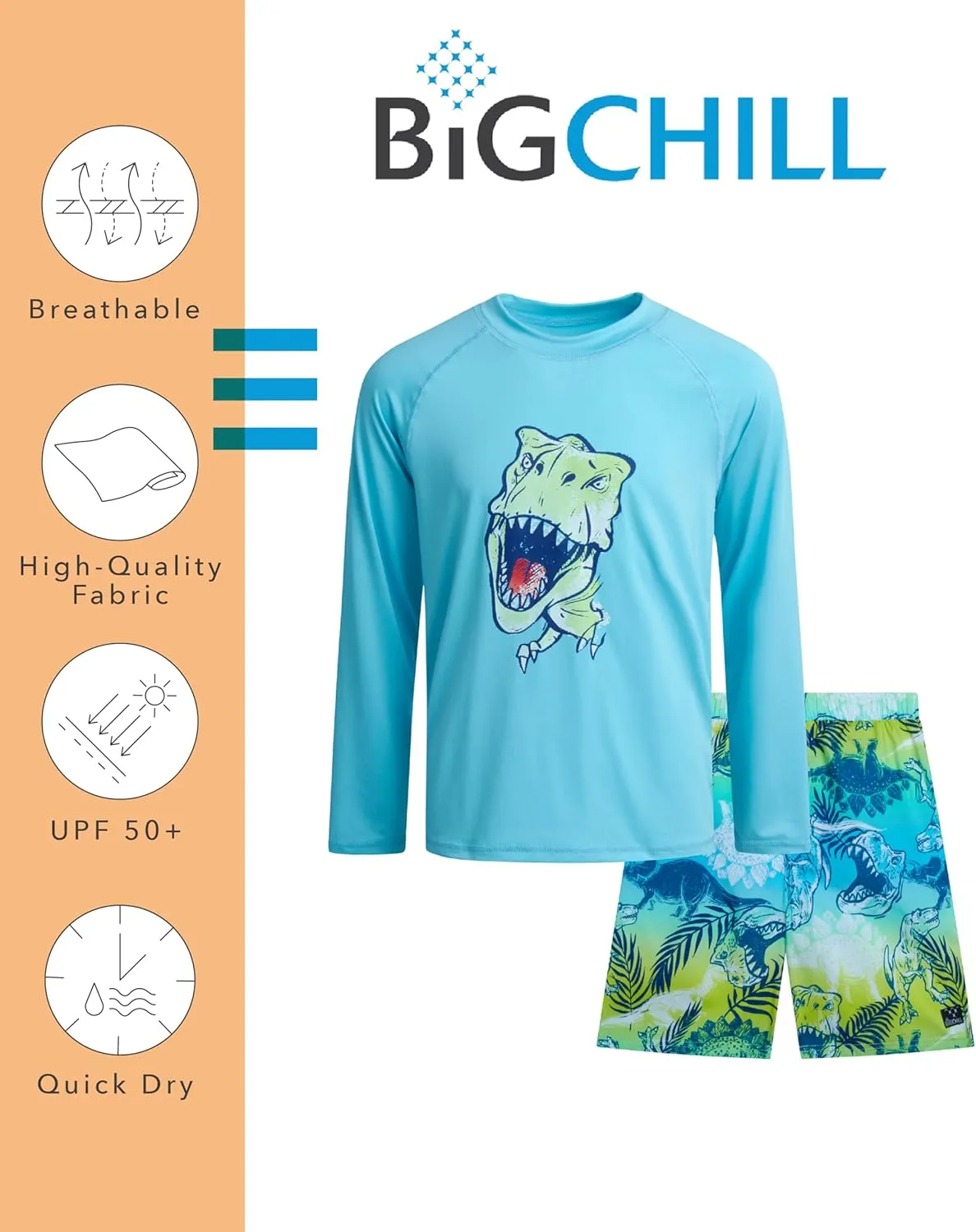 Big Chill Boys Rash Guard Set - 2 Piece UPF 50  Long Sleeve Swim Shirt and Bathing Suit Swim Trunks for Boys (Sizes: 4-14)