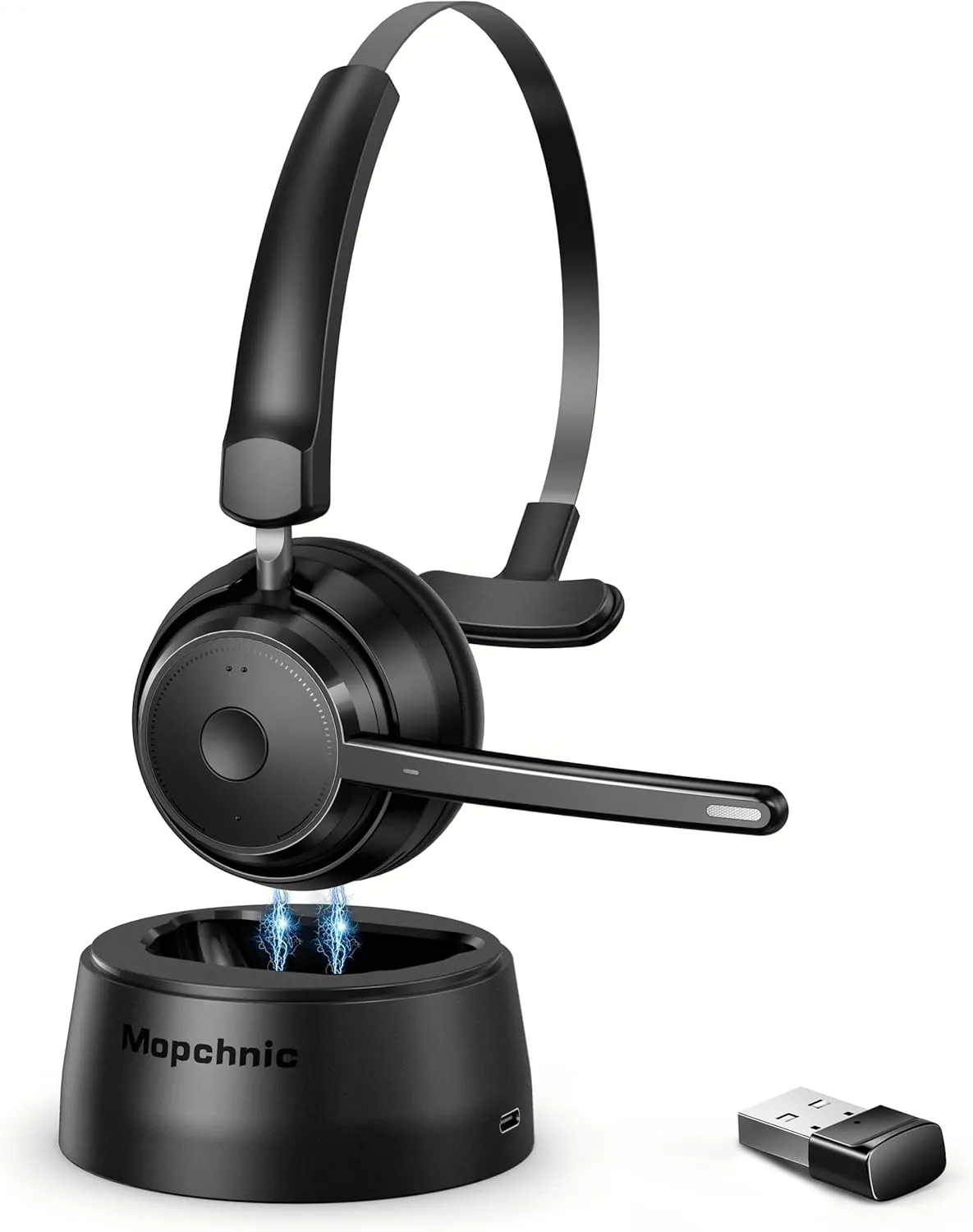 Bluetooth Headset, Wireless Headphone with Microphone for Computer, On Ear Bluetooth Headset with USB Dongle for Office Call Center Skype Zoom Meeting Online Class (Black)