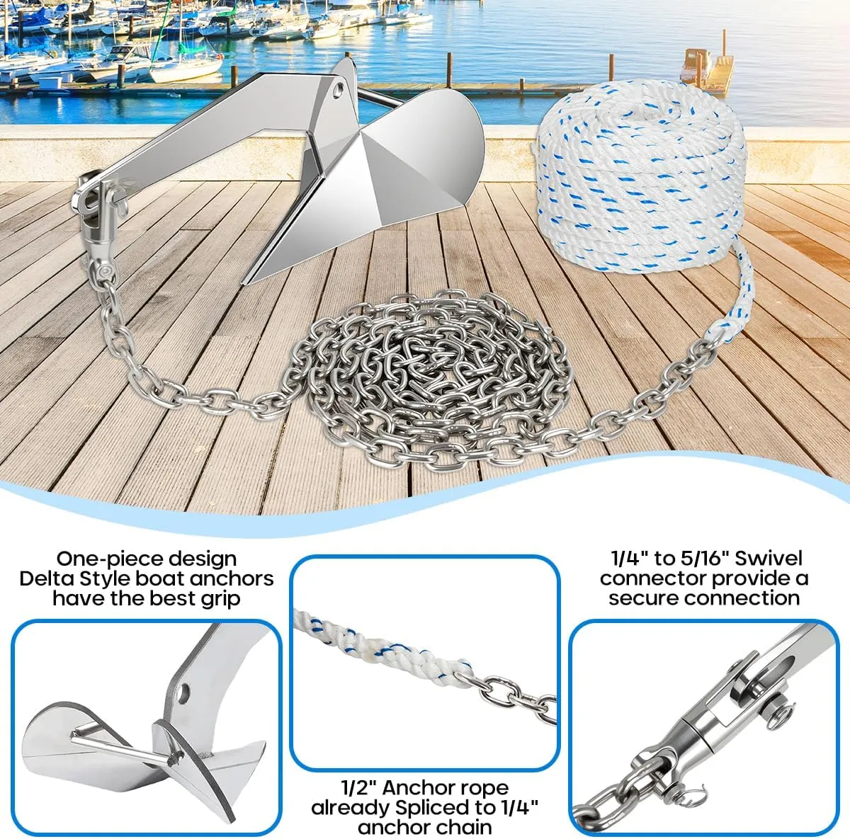 Boat Anchor Kit Set Stainless Steel Delta Anchor with Short-Link Chain & Rope & Swivel