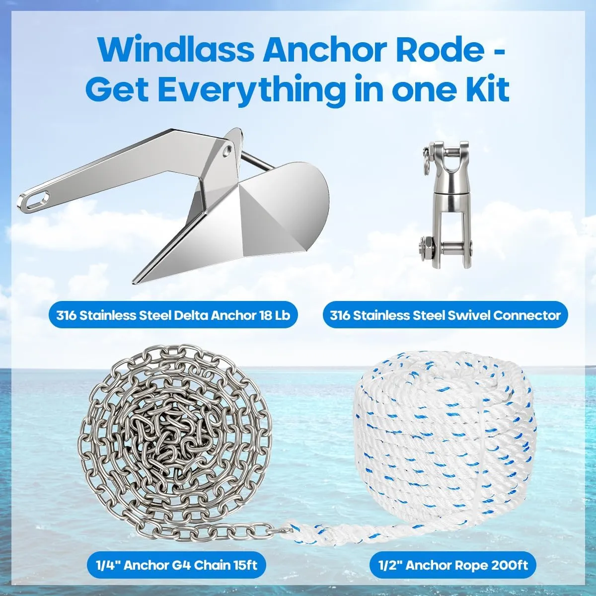 Boat Anchor Kit Set Stainless Steel Delta Anchor with Short-Link Chain & Rope & Swivel