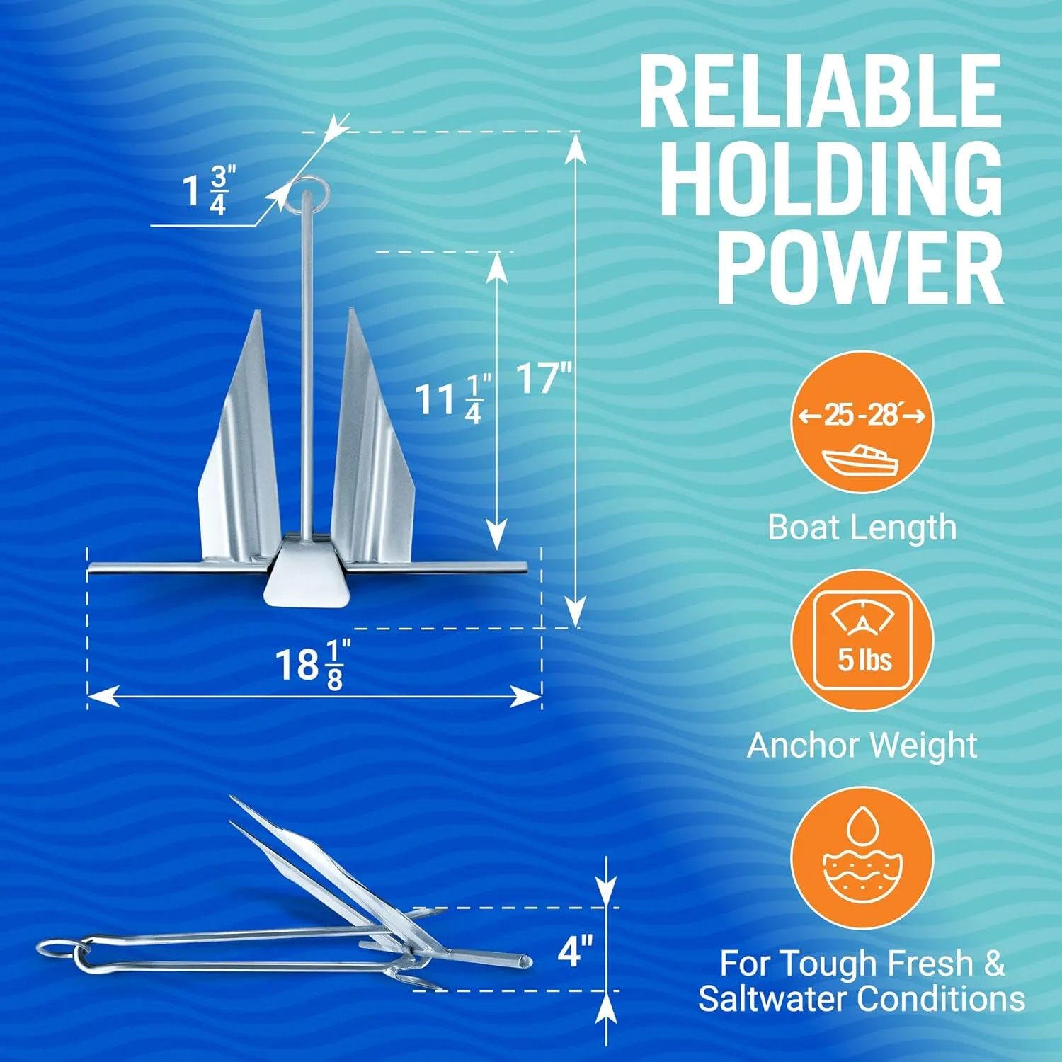 Boat Anchor with Slip Ring, Fluke Design for Pontoon, Jon Boat, or Small Boats, Galvanized Steel Marine Grade, Suitable in Sea and Lake, 5 lb Anchor for Boats