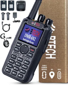 BTECH DMR-6X2 DMR & Analog Dual Band Two-Way Radio (USB-C Battery)  7W VHF/UHF (136-174MHz & 400-480MHz), Encryption, GPS, Talker Alias, APRS, Voice Recording, includes Accessory Kit with 2 Batteries