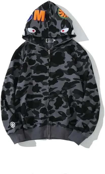 Camouflage shark jacket men's fall and winter cardigan zipper embroidery hooded sweater large size couple models