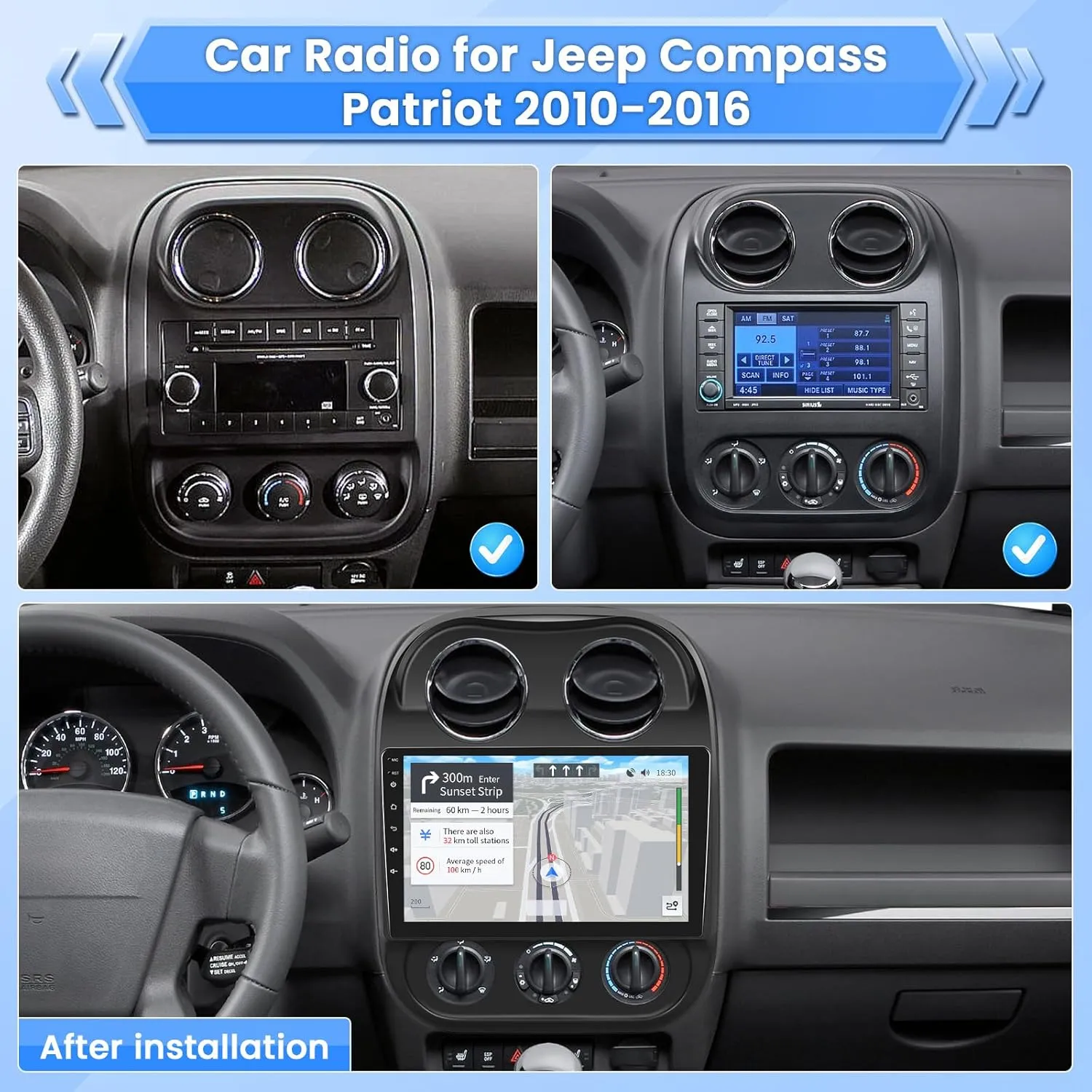 Car Radio for Jeep Compass Patriot 2010 2011 2012 2013 2014 2015 2016, Android Upgrade Touch Screen for Compass Patriot, 10.1 Inch Car Stereo with Mirror Link/GPS Navigation/WiFi/Bluetooth