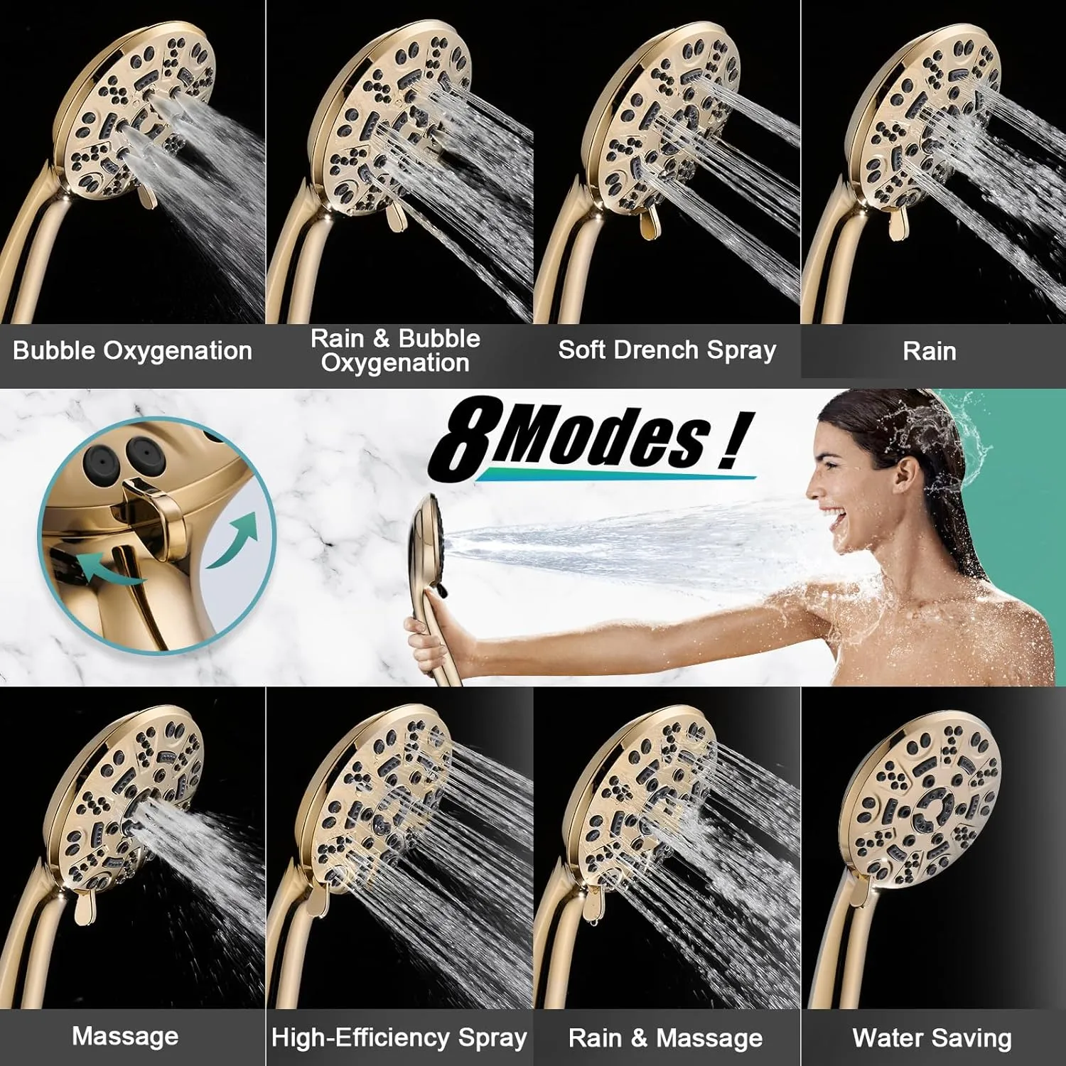 Cobbe 8 Functions Shower Head with handheld, High Pressure Shower Head Set with Hose Adjustable Bracket Rubber Washers (Gold)