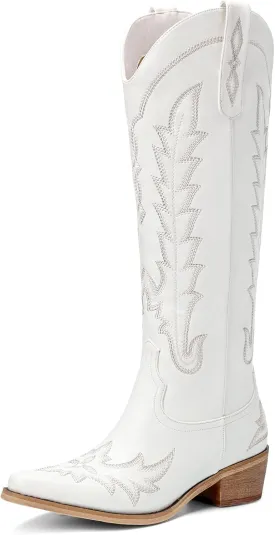Cowboy Boots for Women - Knee High Embroidered Western Cowgirl Boots, Pointed Toe Chunky Heel Retro Country Boots, Pull On Zipper Vintage Fashion Tall Boots for Girls Ladies