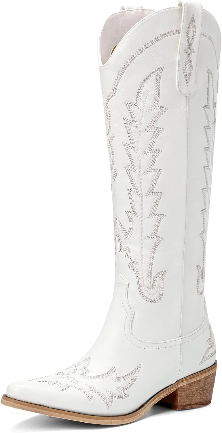 Cowboy Boots for Women - Knee High Embroidered Western Cowgirl Boots, Pointed Toe Chunky Heel Retro Country Boots, Pull On Zipper Vintage Fashion Tall Boots for Girls Ladies