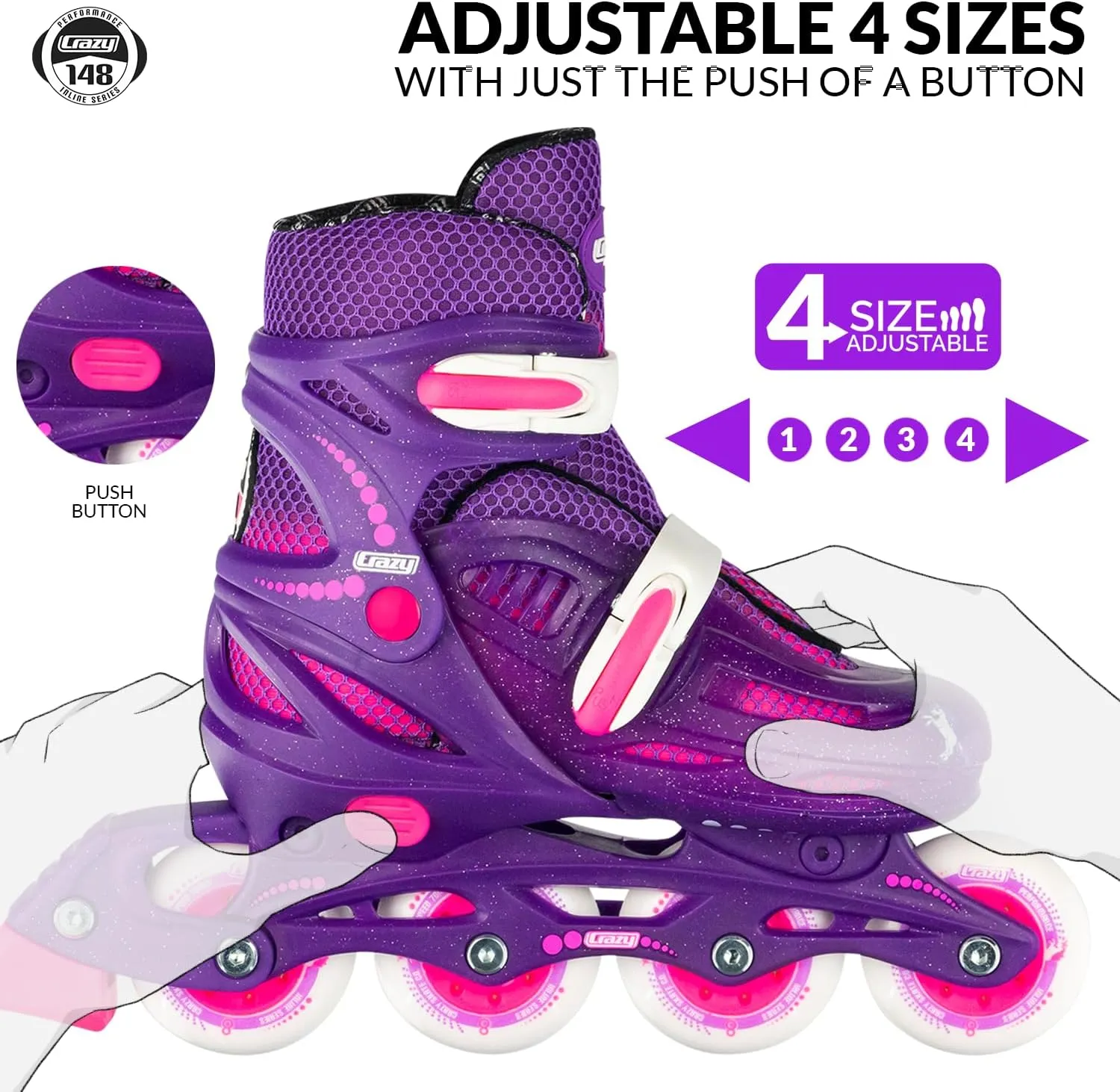 Crazy Skates Adjustable Inline Skates Adjusts to fit Across Four Show Sizes