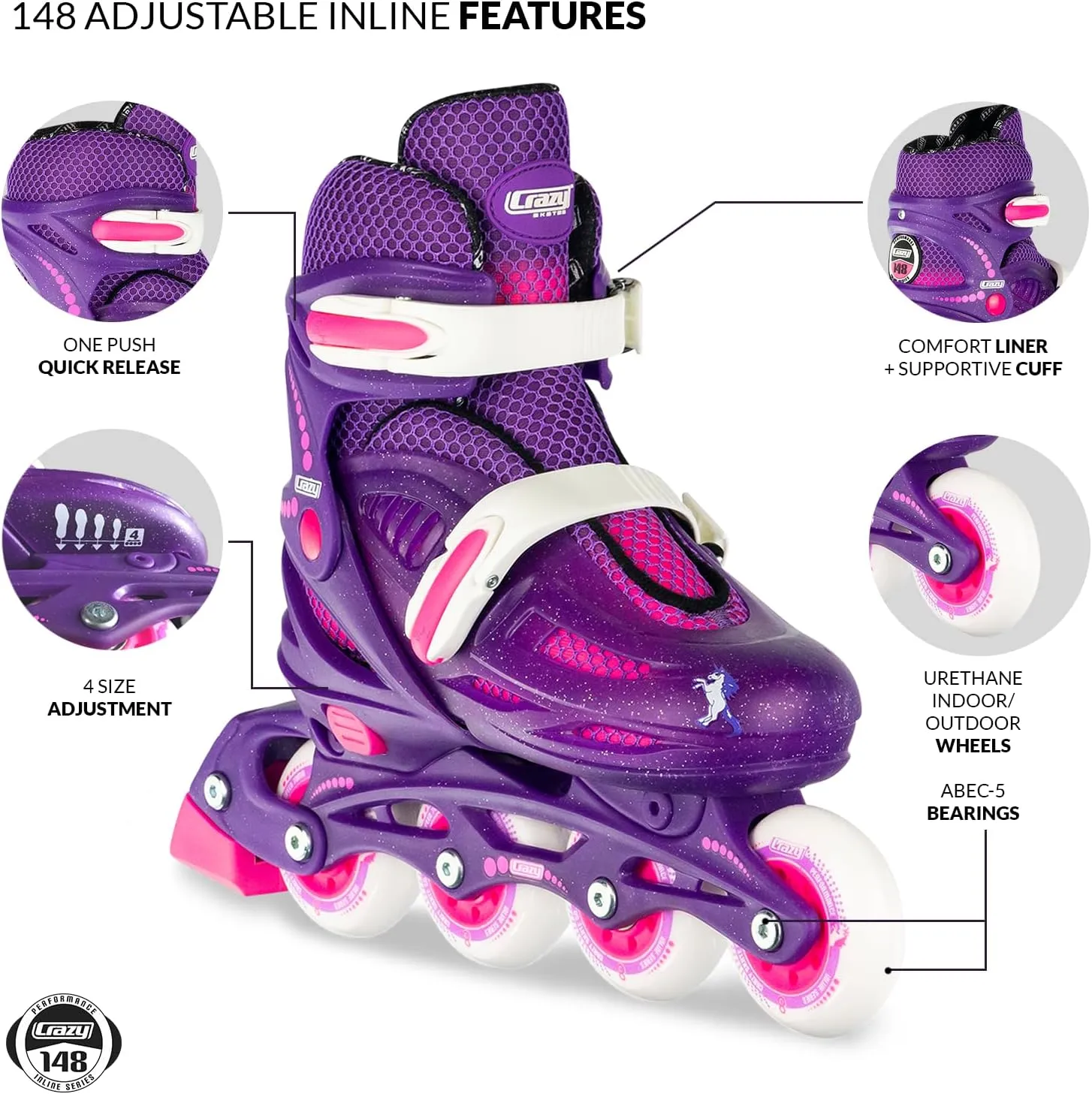 Crazy Skates Adjustable Inline Skates Adjusts to fit Across Four Show Sizes