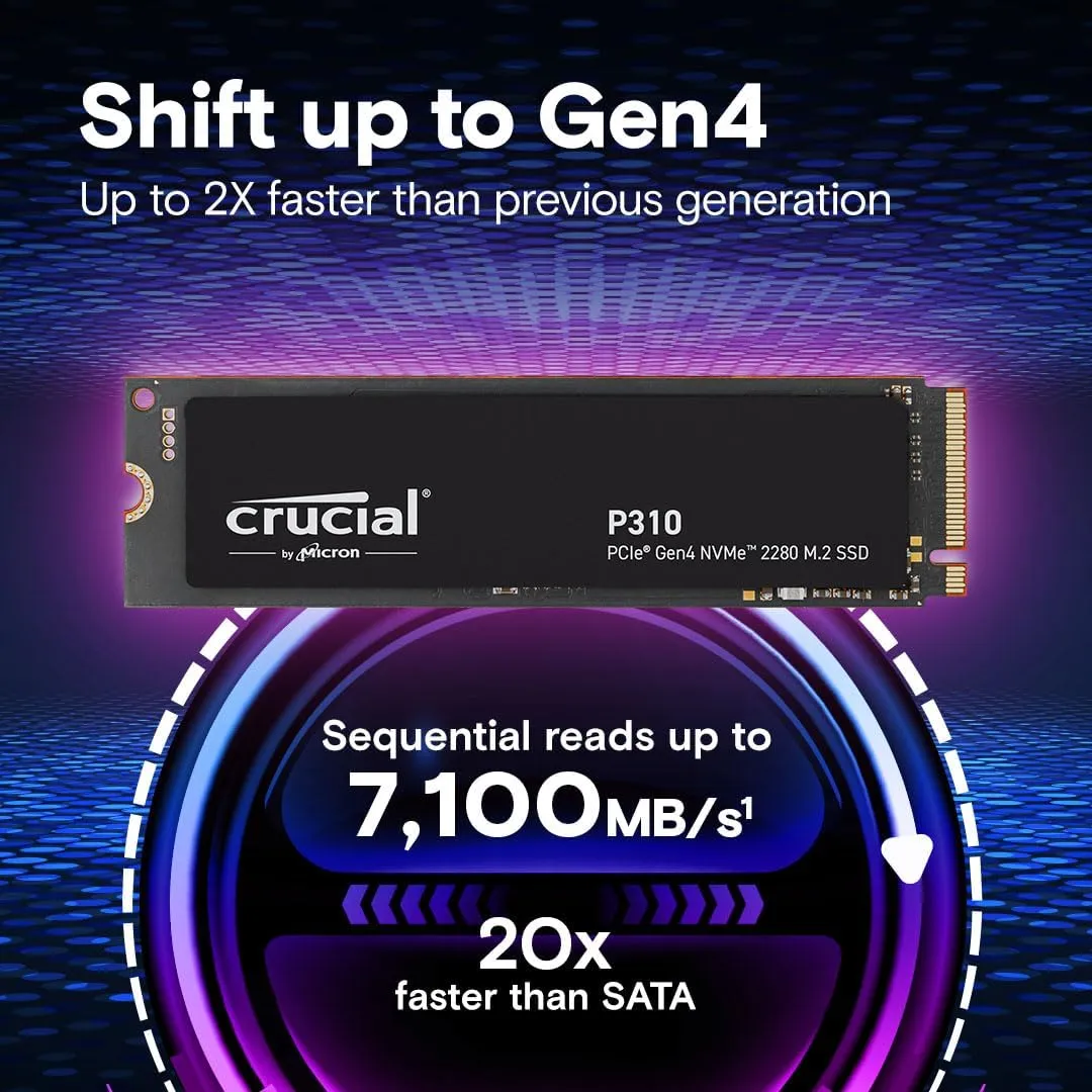 Crucial P310 1TB 2280 PCIe Gen4 3D NAND NVMe M.2 SSD  Up to 7,100 MB/s  Shift up to Gen4, with Acronis Offer, Internal Solid State Drive (PC)  CT1000P310SSD801