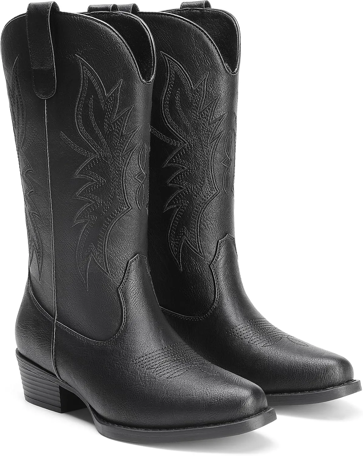 DREAM PAIRS Cowboy Boots for Women Cowgirl Western Mid Calf Boots Square Toe Embroidered Stitched Low Chunky Heel Pull On Fashion Boots