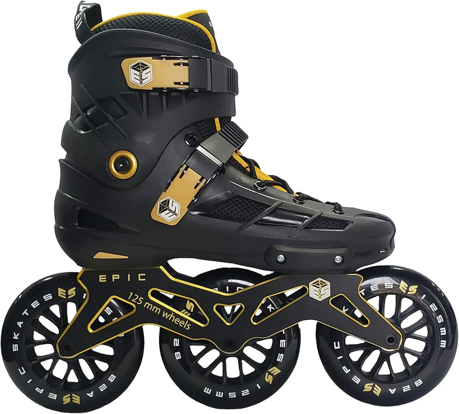 Epic Skates Epic Engage 125mm 3-Wheel Inline Speed Skates, Black/Gold, Adult 11 (Engage11)