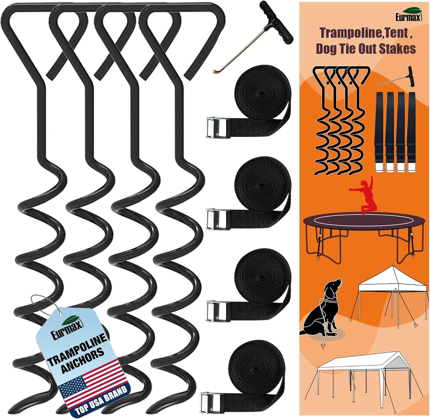 Eurmax USA Trampoline Stakes Heavy Duty Trampoline Parts Corkscrew Shape Steel Stakes Anchor Kit with T Hook for Trampolines -Set of 4 Bonus 4 Strong Belt