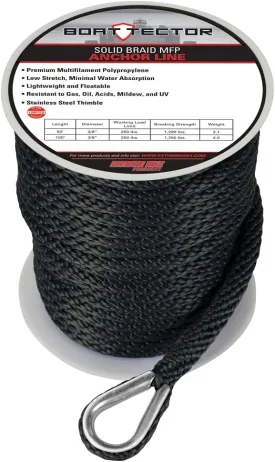 Extreme Max 3006.3468 BoatTector Solid Braid MFP Anchor Line with Thimble - 1/2" x 100', Black