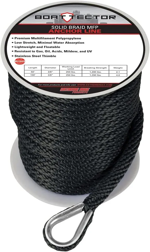 Extreme Max 3006.3468 BoatTector Solid Braid MFP Anchor Line with Thimble - 1/2" x 100', Black